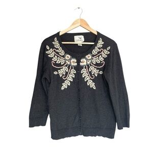 Anthropologie Tabitha Black Cardigan with Floral Embroidery